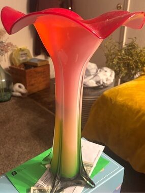 Tall Handblown Glass Trumpet Vase in Pink to Green Ombre